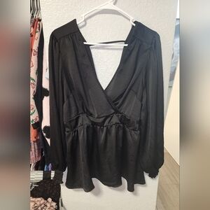 Satin Surplice Tie Cut Out Back Long Sleeve Blouse